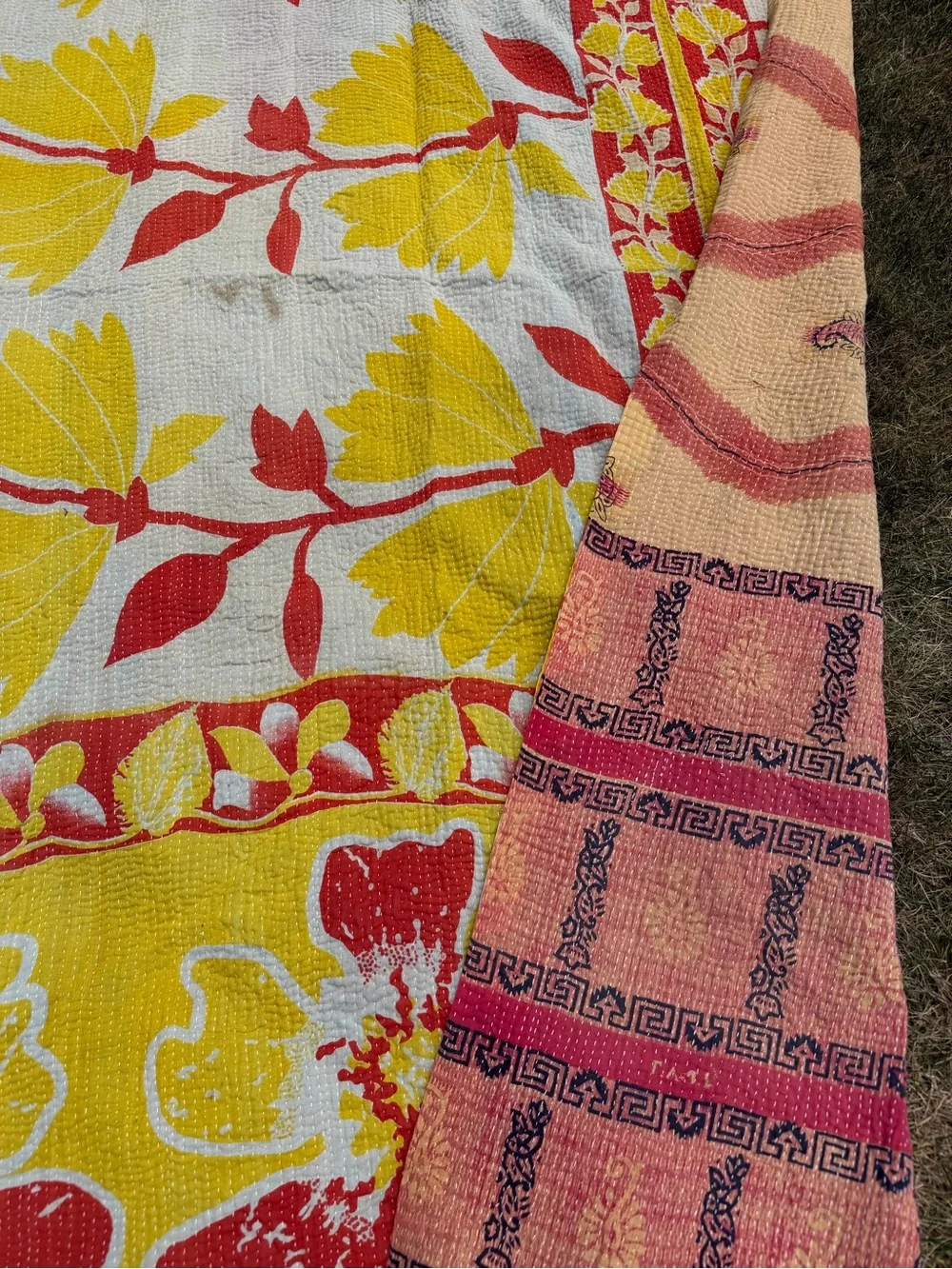 Vintage Indian Kantha Quilt Reversible Cotton Sari Throw Blanket Boho Pink Orang